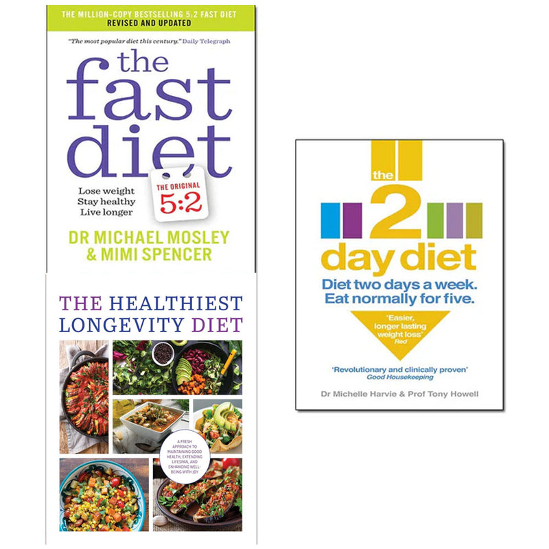 Set of three paperback books on healthy longevity diets by Iota & Hugh Fearnley-Whittingstall, including The Fast Diet and The 2-Day Diet.