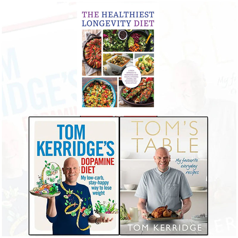 Set of three non-fiction books by Tom Kerridge on healthy longevity, dopamine diet, and nutritious recipes, published by Absolute Press.