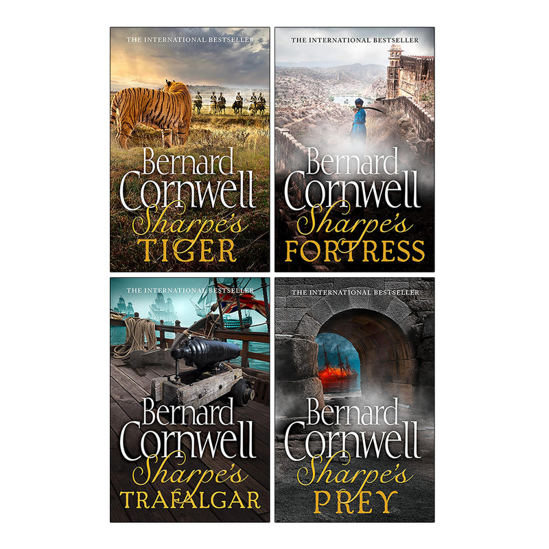 Two paperback books from Sharpe's Series 4 collection by Bernard Cornwell, featuring historical fiction covers.