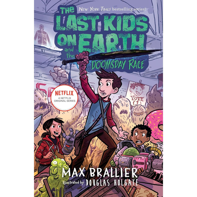 Paperback book cover of "The Last Kids on Earth and the Doomsday Race" by Max Brallier, featuring colorful characters and a dramatic scene.