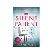 Paperback copy of The Silent Patient novel by Alex Michaelides, featuring a cover with artistic design and book title.