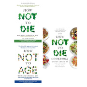 Set of three Michael Greger books including How Not to Age, How Not to Die, and The How Not to Die Cookbook in blue covers.