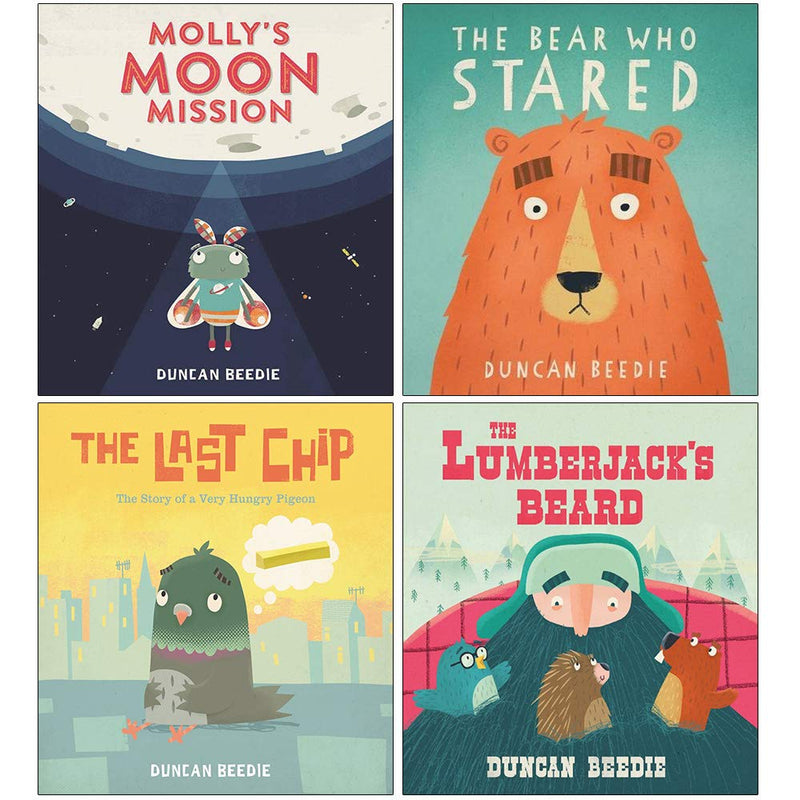 Set of four Duncan Beedie paperback books from The Bear Who Stared series for ages 3-5, featuring colorful illustrated covers.