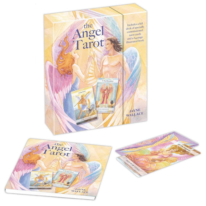 Angel Tarot deck by Jayne Wallace featuring 78 colorful tarot cards laid out in a spread, includes full deck for divination.