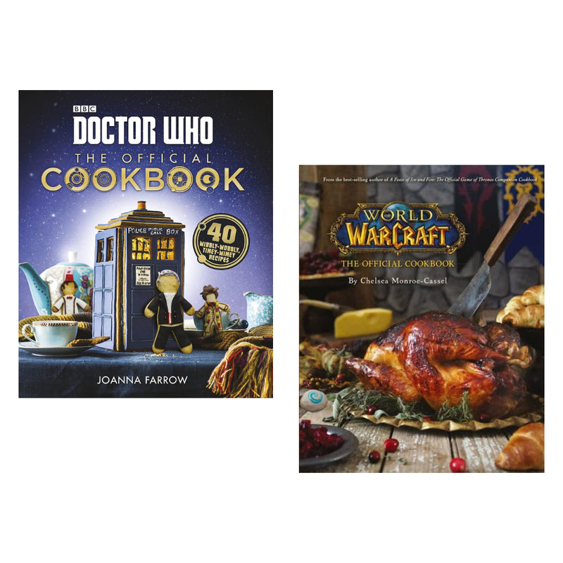 Two hardcover cookbooks: Doctor Who Official Cookbook and World of Warcraft Official Cookbook by Chelsea Monroe-Cassel and Joanna Farrow.