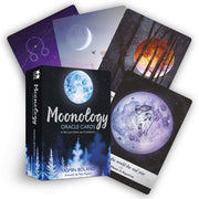 Moonology Oracle Cards deck by Yasmin Boland and Nyx Rowan, featuring 44 moon astrology cards with guidebook, colorful card images.