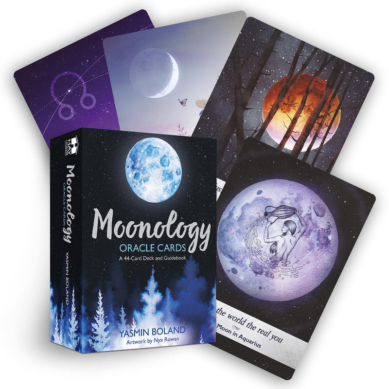 Moonology Oracle Cards deck by Yasmin Boland and Nyx Rowan, featuring 44 moon astrology cards with guidebook, colorful card images.