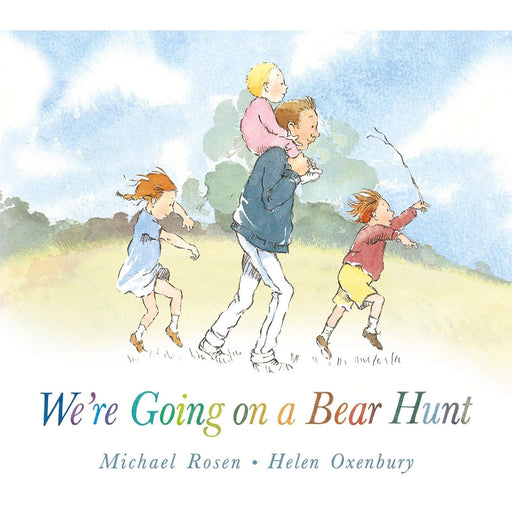 Children's board book titled "We're Going on a Bear Hunt" by Michael Rosen and Helen Oxenbury, featuring colorful illustrated pages.