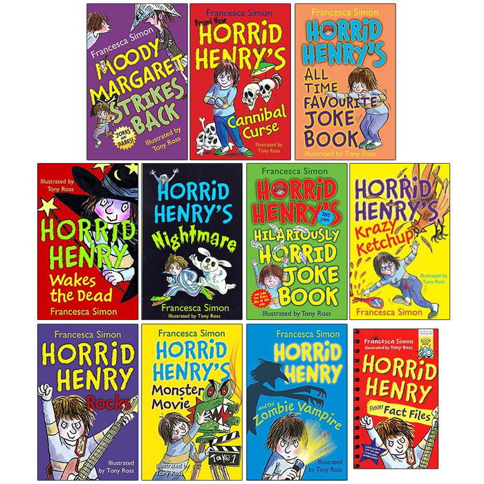 Horrid Henry Francesca Simon 11 Books Collection Set Horrid Henry Funny Fact Files,Moody Margaret Strikes Back,Cannibal Curse,All Time Favourite Joke Book,Wakes the Dead,Nightmare,Joke Book - The Book Bundle