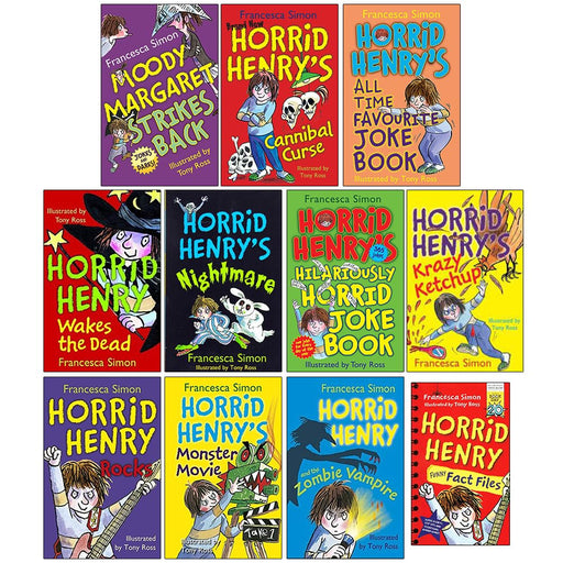Horrid Henry Francesca Simon 11 Books Collection Set Horrid Henry Funny Fact Files,Moody Margaret Strikes Back,Cannibal Curse,All Time Favourite Joke Book,Wakes the Dead,Nightmare,Joke Book - The Book Bundle