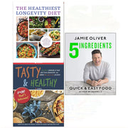 Set of three books on healthy longevity diet by Iota Publishing, featuring quick, tasty recipes by Sarah Rainey and Jamie Oliver.