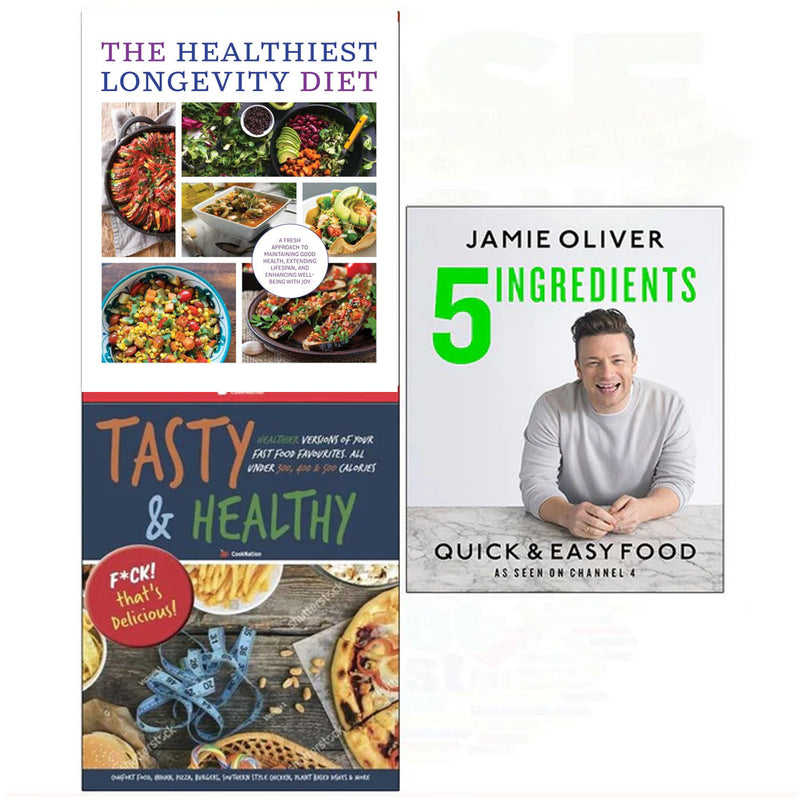 Set of three books on healthy longevity diet by Iota Publishing, featuring quick, tasty recipes by Sarah Rainey and Jamie Oliver.