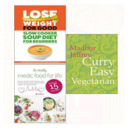 Set of three vegetarian cookbook books by Madhur Jaffrey and Iota Publishing, featuring slow cooker soup and curry recipes.