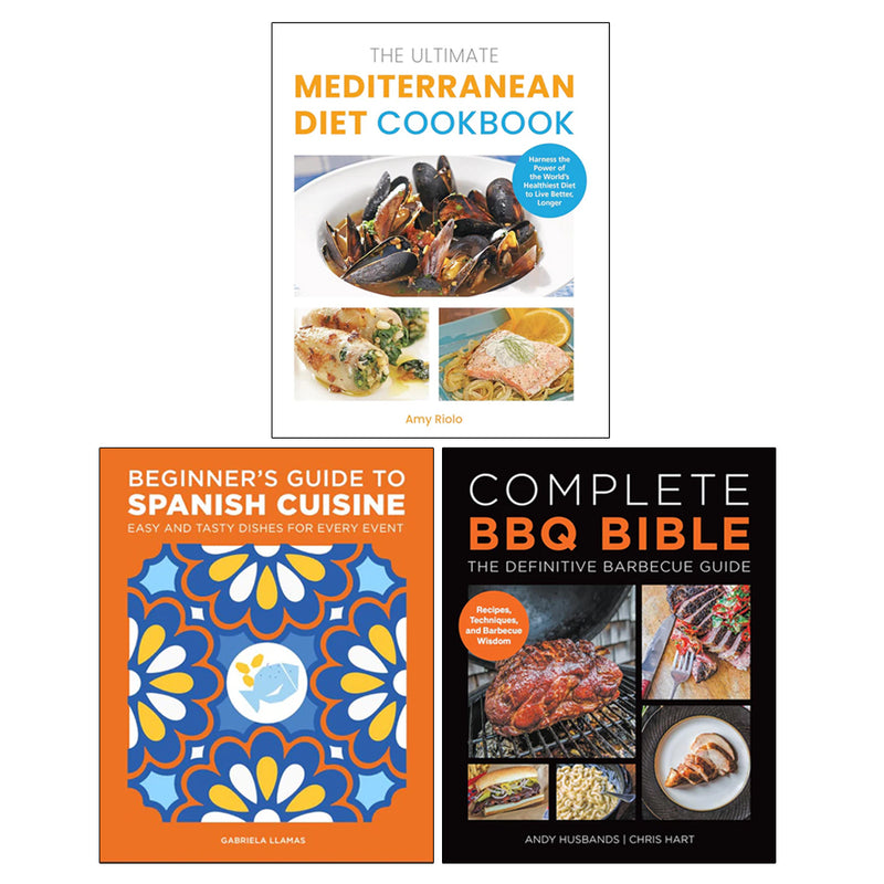 Set of three paperback cookbooks on global cuisine and healthier cooking by Andy Husbands, Gabriela Llamas, and Amy Riolo, featuring diverse recipes.