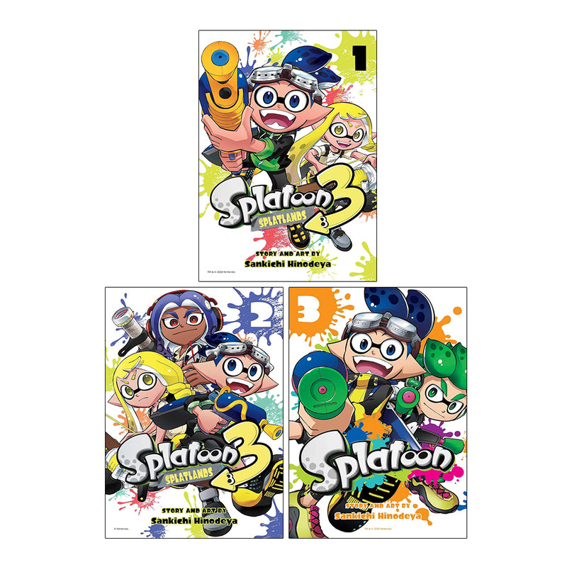 Set of three paperback Splatoon 3 Splatlands books by Sankichi Hinodeya, featuring colorful cover art and ink-themed illustrations.