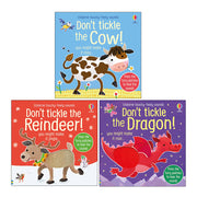 Three Touchy Feely Sound Books by Sam Taplin, featuring Cow!, Reindeer!, and Dragon! from Usborne Publishing Ltd.