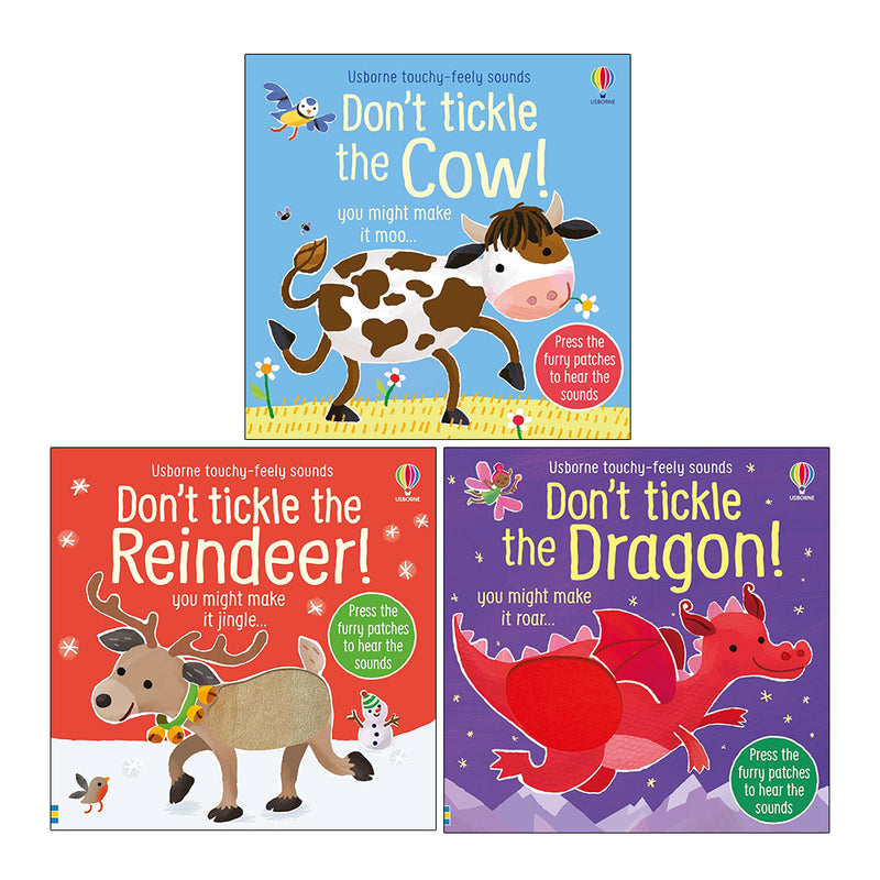 Three Touchy Feely Sound Books by Sam Taplin, featuring Cow!, Reindeer!, and Dragon! from Usborne Publishing Ltd.