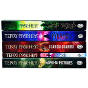 Set of five Discworld paperback books by Terry Pratchett, featuring colorful covers and fictional fantasy scenes.