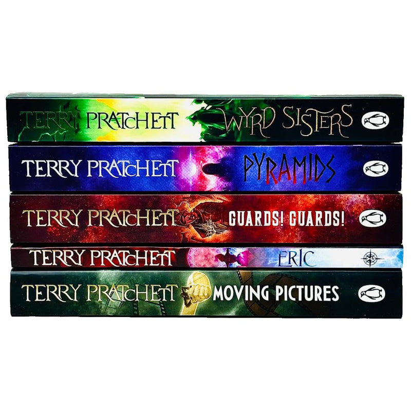 Set of five Discworld paperback books by Terry Pratchett, featuring colorful covers and fictional fantasy scenes.