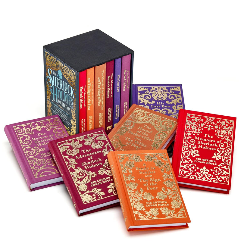 Sherlock Holmes collection of 6 hardback books by Sir Arthur Conan Doyle, featuring classic detective fiction in a box set.