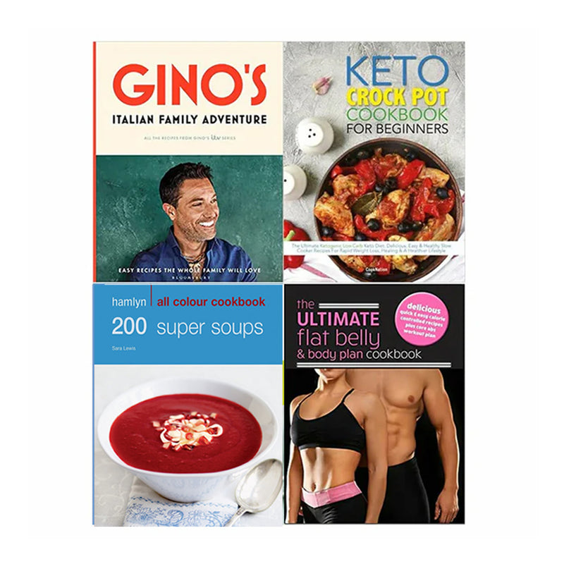 Gino’s Italian (HB), Hamlyn All Colour Cookery, The Keto Crock Pot Cookbook For Beginners, The Ultimate Flat Belly &amp; Body Plan Cookbook 4 Books Collection Set - The Book Bundle