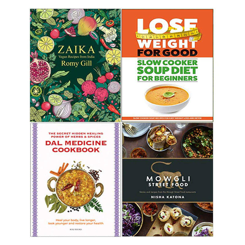 Collection of four non-fiction cookbooks by Romy Gill and Iota, including "Lose Weight For Good" and "Dal Medicine" recipes.