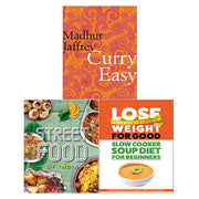 Collection of three Indian street food recipe books by Madhur Jaffrey, Iota, and Roli, showcasing colorful dish photos and titles.