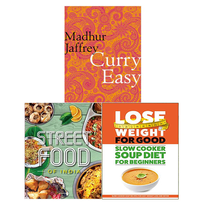 Collection of three Indian street food recipe books by Madhur Jaffrey, Iota, and Roli, showcasing colorful dish photos and titles.