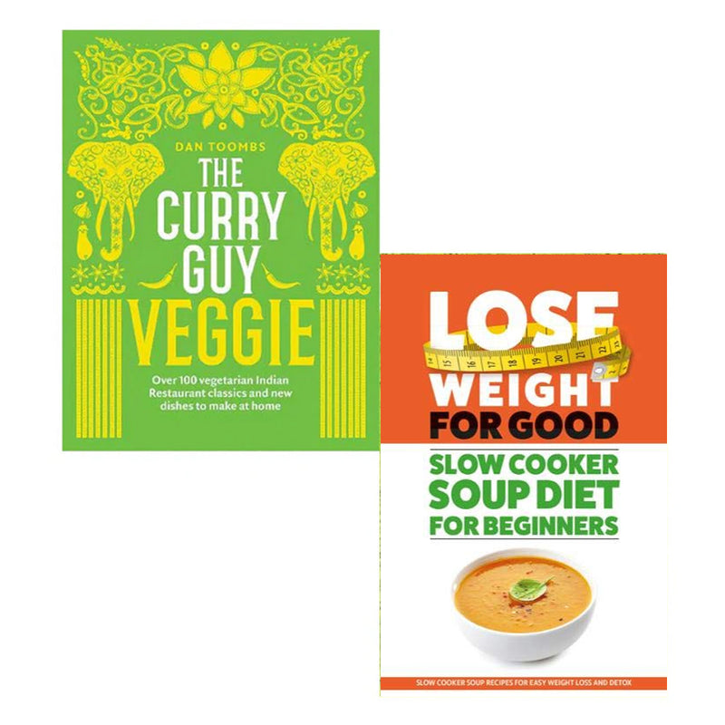 Cookbook set featuring "Curry Guy Veggie" and "Lose Weight For Good" by Dan Toombs, showing colorful book covers with vibrant food images.