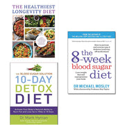 Set of three paperback books by Michael Mosley on blood sugar diet, detox, and longevity diet, with colorful cover designs.