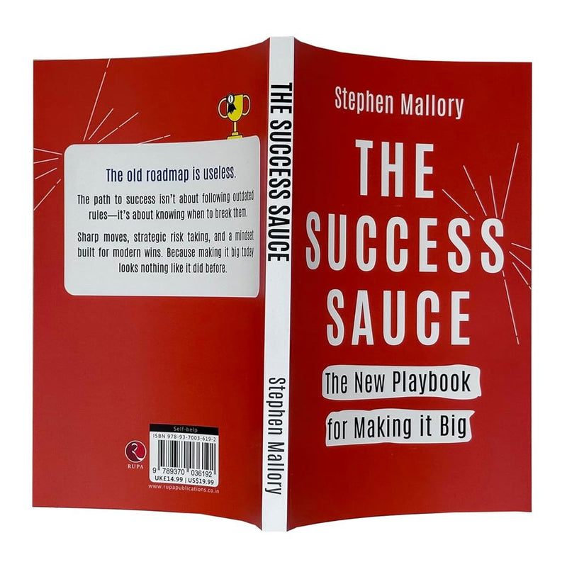 Book cover for "The Success Sauce" by Stephen Mallory, published by Rupa Publications, featuring bold typography and vibrant design.