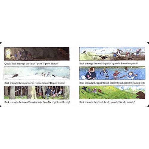 Child reading "We're Going on a Bear Hunt" by Michael Rosen and Helen Oxenbury, illustrated board book for young readers.