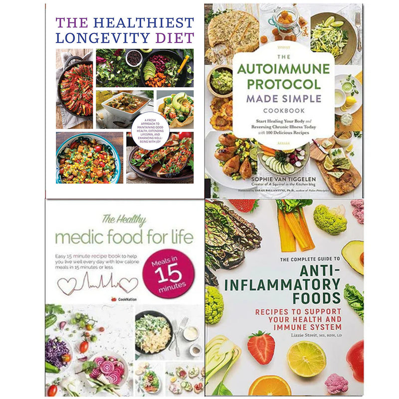 Set of four paperback books by Sophie Van Tiggelen on autoimmune protocol, longevity diet, and healthy living from Iota Publishing.