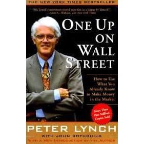 Paperback of "One Up On Wall Street" by Peter Lynch, published by Simon and Schuster, featuring the book cover with title and author.