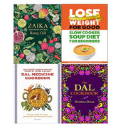 Collection of four non-fiction cookbooks by Romy Gill and Iota, featuring Dal recipes and weight loss tips in mixed formats.