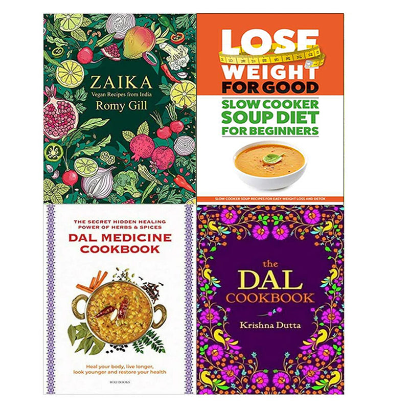 Collection of four non-fiction cookbooks by Romy Gill and Iota, featuring Dal recipes and weight loss tips in mixed formats.
