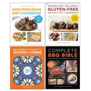 Set of four paperback cookbooks on global cuisine and healthy recipes by Andy Husbands, Gabriela Llamas, Amy Riolo, and Jane Bonacci.