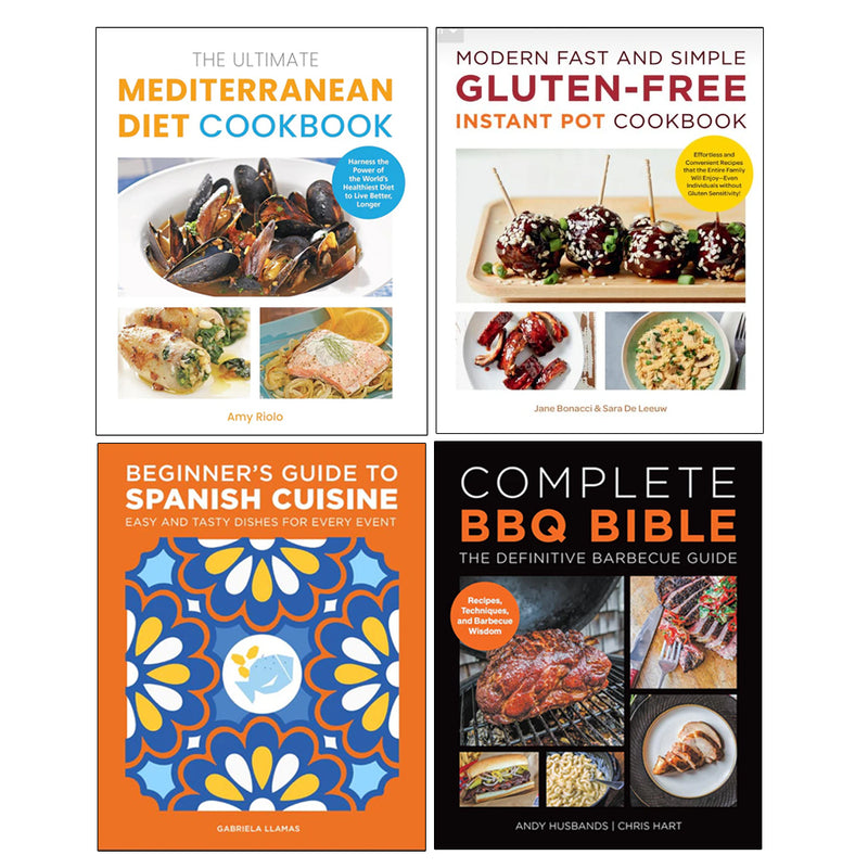 Set of four paperback cookbooks on global cuisine and healthy recipes by Andy Husbands, Gabriela Llamas, Amy Riolo, and Jane Bonacci.