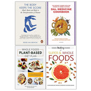 Collection of four paperback books including The Body Keeps the Score and plant-based diet guides by Bessel van der Kolk and Roli/Iota.