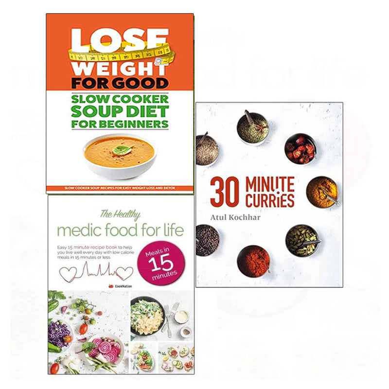 Set of three cookbooks including "Lose Weight For Good," featuring slow cooker soup recipes and 30-minute curry dishes by Iota Publishing.