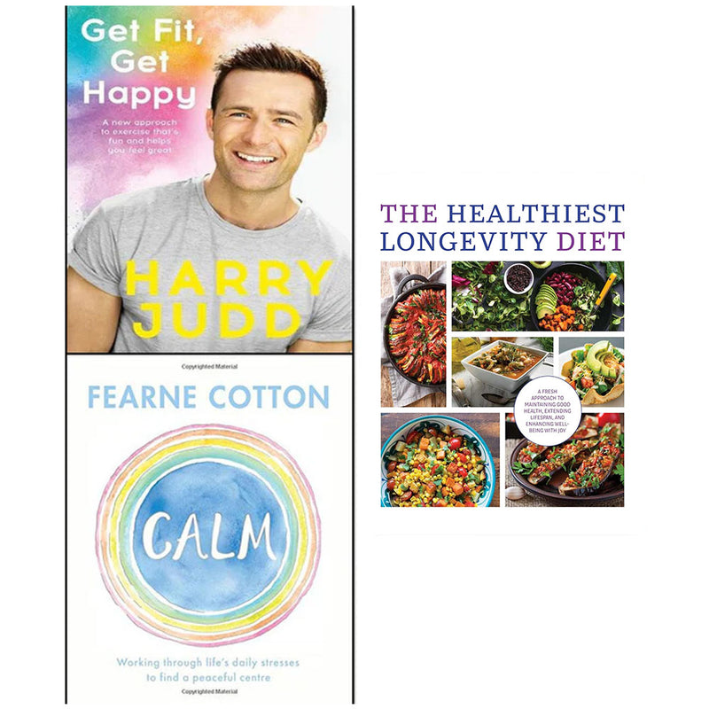 Get Fit Get Happy, Calm, and The Healthiest Longevity Diet book collection by Harry Judd and Fearne Cotton, featuring three non-fiction books.