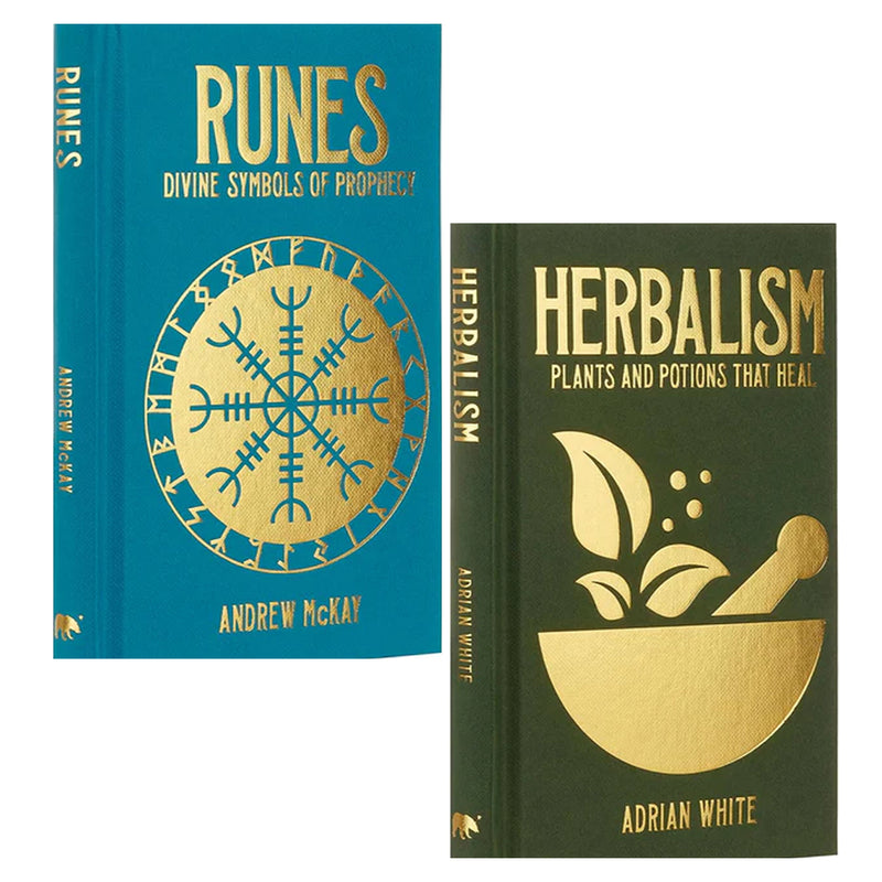 Herbalism and Runes collection by Adrian White, two hardback non-fiction books on herbal healing and runes, published by Arcturus.