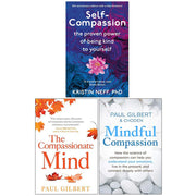 Collection of three paperback books on mindfulness and self-compassion by Paul Gilbert and Kristin Neff, featuring titles on compassion.