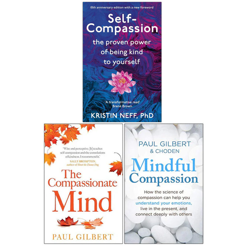 Collection of three paperback books on mindfulness and self-compassion by Paul Gilbert and Kristin Neff, featuring titles on compassion.