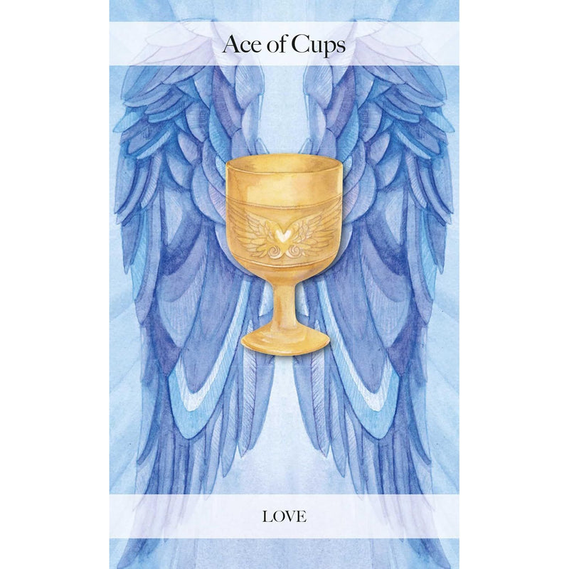 The Angel Tarot by Jayne Wallace, a 78-card tarot deck featuring angel-themed illustrations laid out on a white surface.