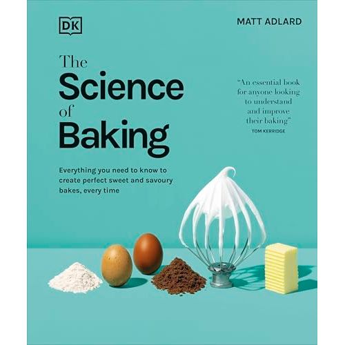 Book cover of "The Science of Baking" by Matt Adlard, featuring images of baked goods and baking tools on a white background.