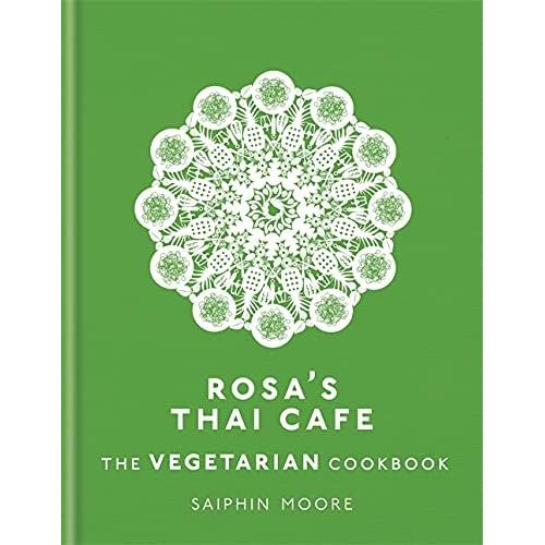 Saiphin Moore's Rosa's Thai Cafe cookbook and vegetarian cookbook set by Mitchell Beazley, featuring vibrant Thai dishes in colorful covers.