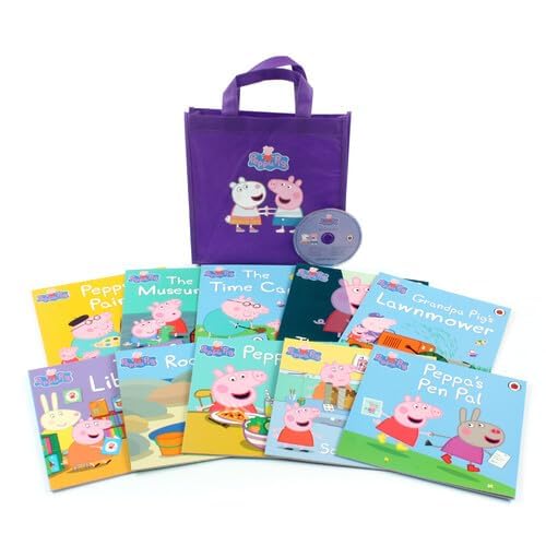Peppa Pig 20-Book Collection with 2 Audio CDs – Lime & Purple Bag Storybook Sets (Featuring Grandpa Pig, George, Suzy, Museum, Time Capsule, Rock Pools & More)
