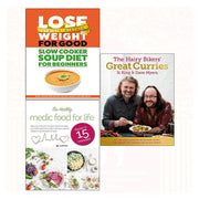 Set of three Hairy Bikers' Great Curries and weight loss books by Iota Publishing, showing colorful covers and mixed formats.