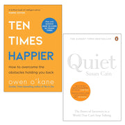 Two-book collection set of "Ten Times Happier" and "Quiet" by Owen O Kane and Susan Cain, featuring book covers and titles.